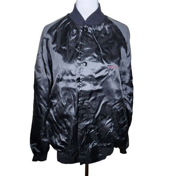 Vintage 80s Satin Snap Bomber Jacket Mens L Black Plane Aviation Flying - Picture 2 of 8